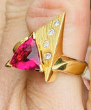 Vintage Modernist Retro 18k 3.43ct Hot Pink Rubellite Diamond Cocktail Ring