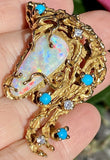 Vintage Estate 1950s 18K Gold Opal Diamond Turquoise Brooch Pendant