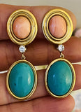 Vintage 18K Gold Coral Turquoise  0.30ct Diamond Drop Dangle Pendant Earrings
