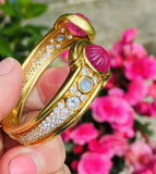 Vintage Estate Italian 18k Gold Pink Tourmaline Moonstone Diamond Cuff Bracelet