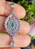 Vintage Estate 1950s 14k Gold E/F VS1 Diamond Halo Emerald Necklace Pendant Drop