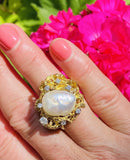 Vintage Estate Large 14k Gold Baroque Pearl G VS Diamond Cocktail Ring