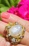 Vintage Estate Large 14k Gold Baroque Pearl G VS Diamond Cocktail Ring