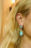 Vintage Retro Midcentury 18k Gold Turquoise Diamond Dangle Pendant Earrings
