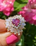 Vintage 18K Gold 6.00ct Ruby Red Pink Sapphire Diamond Baguette Ballerina Ring