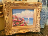 KADLIC French Pink Poppies Seascape Sailboats Gilt Gold Wood Frame 8x10”