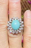 Vintage Estate 14k White Gold Turquoise 1.25ct Diamond Halo Engagement Ring