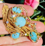 Vintage Brutalist Freeform 1960s 1970s 14k Gold Diamond Turquoise Pendant Brooch