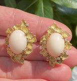 Vintage Estate 14k Yellow Gold Heavy Angel Skin Coral Diamond Earrings