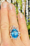 Impressive Vintage 14K Gold 8.17ct Blue Topaz Diamond Halo Cocktail Ring