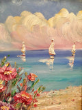KADLIC Pink Poppies Poppy Seascape Original Oil Painting 20x24" Gold Gilt Frame