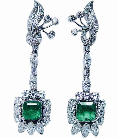 Mid Century 14k Gold Deco 5.70ct G VS Emerald Diamond Drop Dangle Earrings