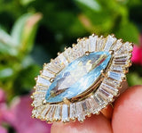 Vintage 18k Gold Aquamarine Ring-Dant Diamond Baguette Halo Ballerina Ring