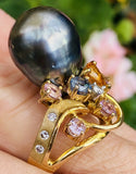 Vintage Estate 14k Gold 3ct Pink Sapphire Tahitian Pearl VS Diamond Ring