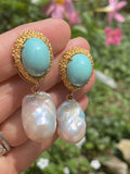 Vintage Retro 18K Gold Turquoise Day To Night Baroque Pearl Drop Earrings