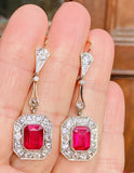 Vintage Estate 18k Gold Synthetic Ruby VS Diamond Halo Dangle Pendant Earrings