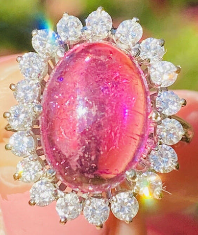 Vintage Estate 14K Gold 6ct Pink Tourmaline VS Diamond Halo Cocktail Ring