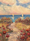 30x30” Pinks Floral Flowers Beach Seascape KADLIC Original Oil Painting Art