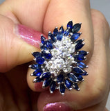 Midcentury Retro 1950s 4ct Sapphire VS Diamond Cluster Spray Cocktail Ring