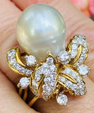 Vintage Estate 18k Gold South Seas Baroque Pearl 1.50ct Diamond Cluster Ring