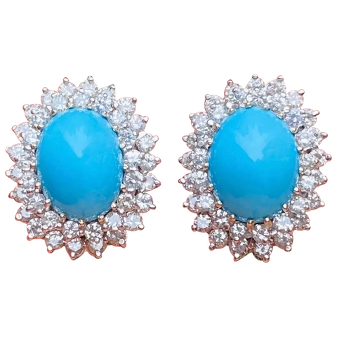 Vintage Estate 14k Gold 3.9ct VS Diamond Halo Persian Turquoise Drop Earrings