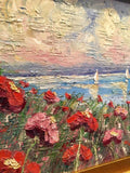 KADLIC Red Poppies Poppy Seascape Original Oil Painting 20x24" Gold Gilt Frame