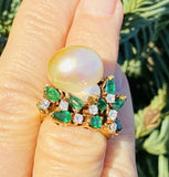 Vintage 1960s JGJLRY 18k Gold Diamond Emerald Baroque Pearl Cocktail Ring