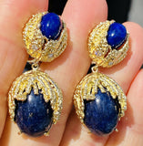 Vintage Estate Freeform 14k Gold Diamond Lapis Lazuli Pear Dangle Drop Earrings