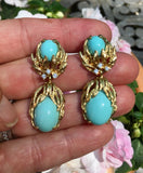 Estate 14k Gold Turquoise Cabochon Diamond Dangle Drop Earrings (Ring Available)