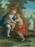 Antique 18th Century Baby Jesus St. John Baptist Reverse Oil Original Painting