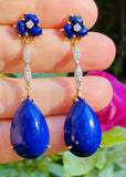 Vintage Retro Estate 14k Gold Lapis Lazuli Diamond Drop Dangle Pendant Earrings