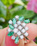 Vintage 1950s Estate Platinum 2ct Marquise Emerald Diamond Cluster Cocktail Ring