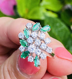 Vintage 1950s Estate Platinum 2ct Marquise Emerald Diamond Cluster Cocktail Ring