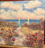 30x30” Pinks Floral Flowers Beach Seascape KADLIC Original Oil Painting Art