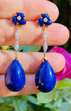 Vintage Retro Estate 14k Gold Lapis Lazuli Diamond Drop Dangle Pendant Earrings