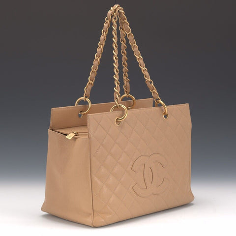 CHANEL Grand Shopping Tote GST Gold Chain Hand Tote Bag Beige