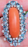 Vintage Midcentury 18k Gold Platinum Coral Blue Zircon Diamond Brooch
