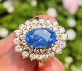Vintage Estate 14k Gold Blue Sapphire Diamond Double Halo Cocktail Ring