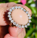Vintage 14k Gold Pink Angel Skin Coral Diamond Halo Cocktail Ring