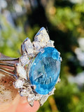 Impressive Vintage 14K Gold 8.17ct Blue Topaz Diamond Halo Cocktail Ring