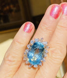 Vintage Estate 14k Gold Aquamarine 17.5ct Diamond Halo Cocktail Ring