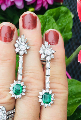 Vintage Estate 14k Gold 3.50ct Emerald VS Diamond Dangle Pendant Earrings