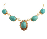 Antique Art Deco Persian Turquoise Pearl Pendant Necklace Vintage 9kt Gold