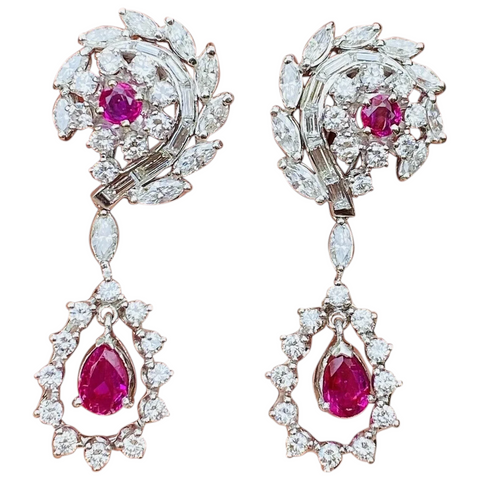 Vintage 1950s 14k Gold 5ct Ruby Diamond Day/Night Dangle Drop Pendant Earrings