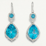 18k Gold Eli Frei Designer Blue Topaz Diamond Halo Drop Dangle Pendant Earrings