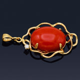 Vintage Estate 14K Gold Red Coral Diamond Necklace Pendant