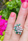 Vintage 1950s Estate Platinum 2ct Marquise Emerald Diamond Cluster Cocktail Ring