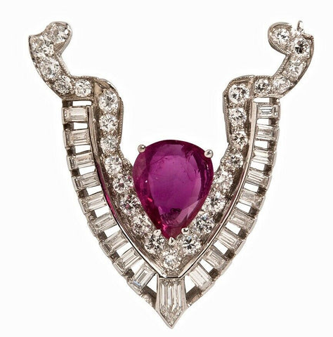 Vintage Estate Art Deco Platinum Diamond Pink Ruby Red Sapphire Brooch Pendant
