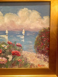 KADLIC Floral Sailboats Seascape Original Oil Painting 18x24" Gold Gilt Frame