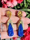 Vintage Retro 18K Gold Lapis Lazuli Pendant Drop Earrings